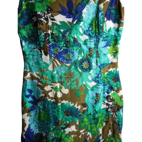 Vintage Floral V Back Handmade Lined Sleeveless Dress 1960s zip back Sz M - Picture 3 of 7